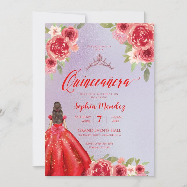 Ruby Red Floral Watercolor Quinceanera Invitation (Front)