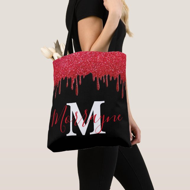 Ruby Red Glitter Drips Sparkles Metallic Monogram Tote Bag (Close Up)