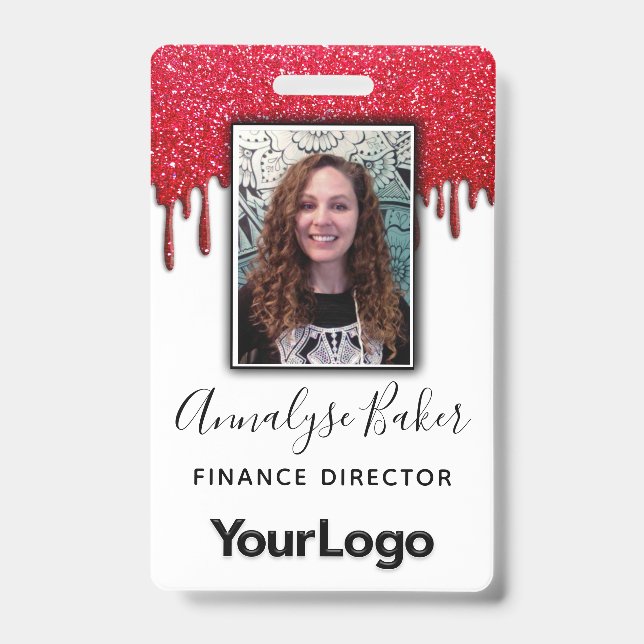 Ruby Red Glitter Professional CNA Nurse Photo Name ID Badge (Front)