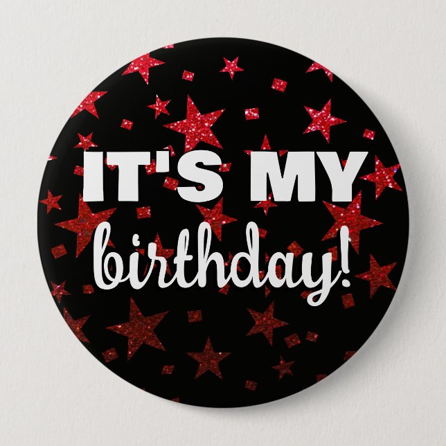 Ruby Red Glitter Stars Confetti It's My Birthday 10 Cm Round Badge (Front)
