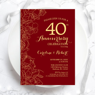 Ruby Red Gold Floral 40th Anniversary Invitation