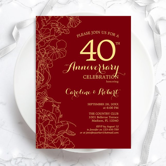 Ruby Red Gold Floral 40th Anniversary Invitation (Creator Uploaded)