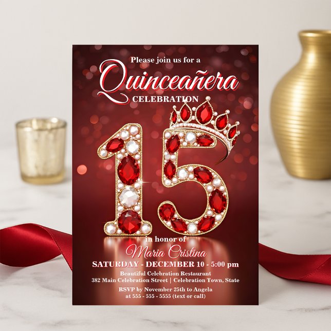 Ruby Red Gold Gemstone Princess Crown Quinceañera Invitation (Creator Uploaded)