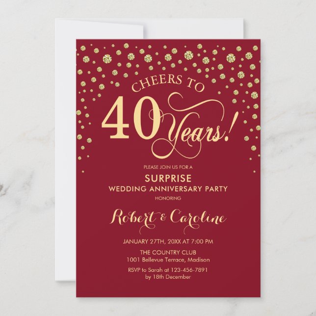 Ruby Red Gold Surprise 40th Anniversary Party Invitation (Front)