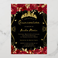 Ruby Red Gold Swirl Scroll Floral Quinceanera