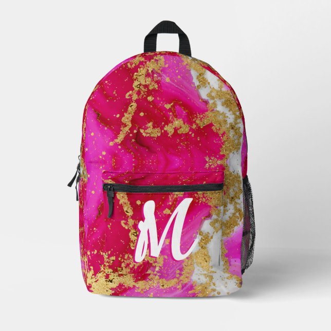 Ruby Red Hot Pink Alcohol Ink Faux Gold Custom Printed Backpack (Front)