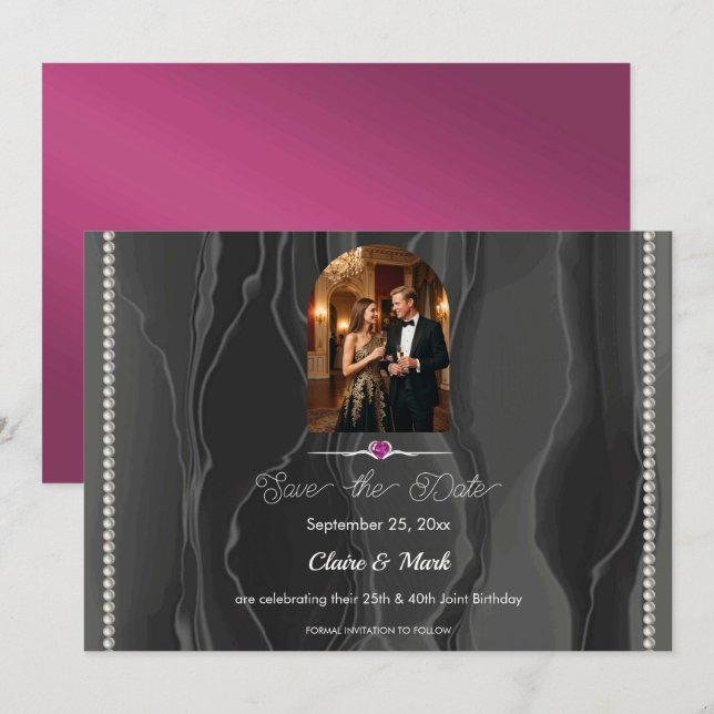 Ruby Red Joint Birthday Black Silk Photo  Save The Date (Front/Back)