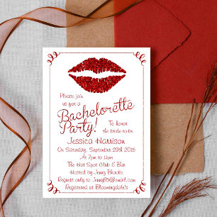 Ruby Red Lips Glitter Effect Bachelorette Party Invitation