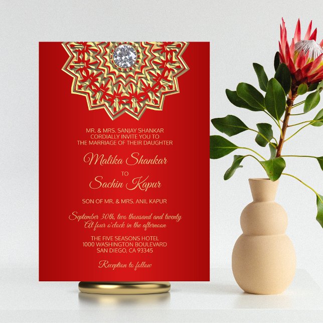 Ruby RED Mandala Gold Indian Wedding Invitations (Creator Uploaded)