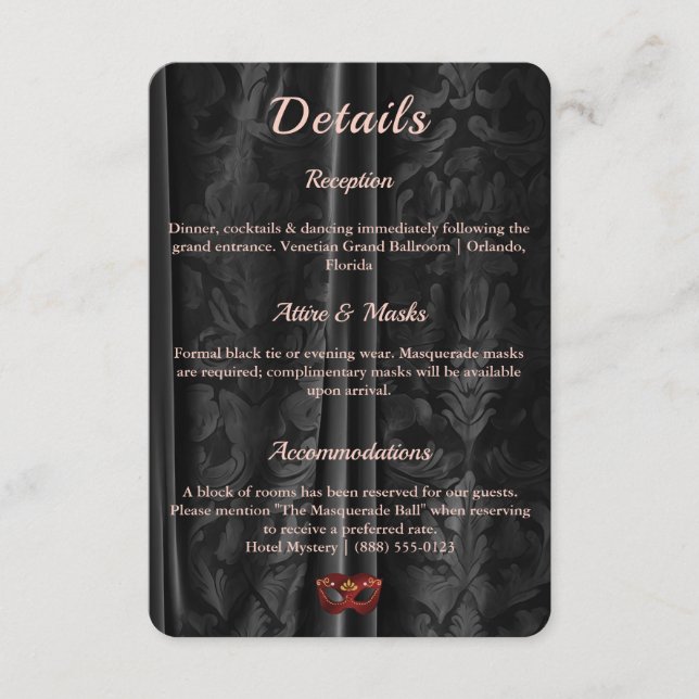 Ruby Red Masquerade Black Damask Ball Details Enclosure Card (Front)