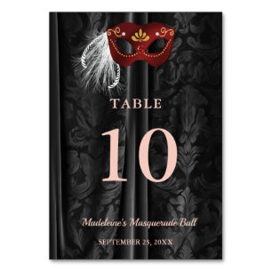 Ruby Red Masquerade & Black Damask Drapes Table Number