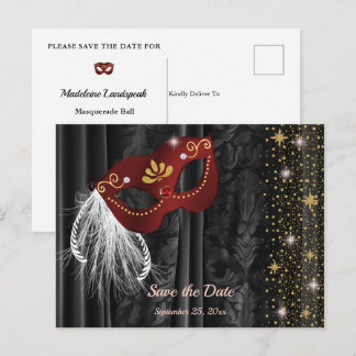 Ruby Red Masquerade Black Damask Save the Date Postcard
