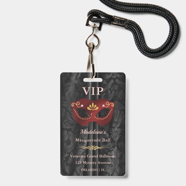 Ruby Red Masquerade VIP Pass Black Damask Gold ID Badge (Front with Lanyard)