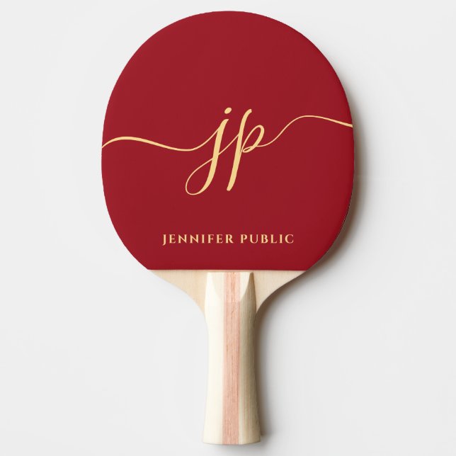 Ruby Red Modern Elegant Gold Name Initial Monogram Ping Pong Paddle (Front)