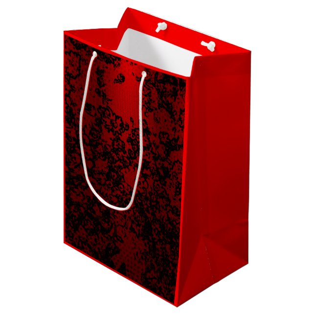 Ruby red on black floral vibrant elegant medium gift bag (Front Angled)