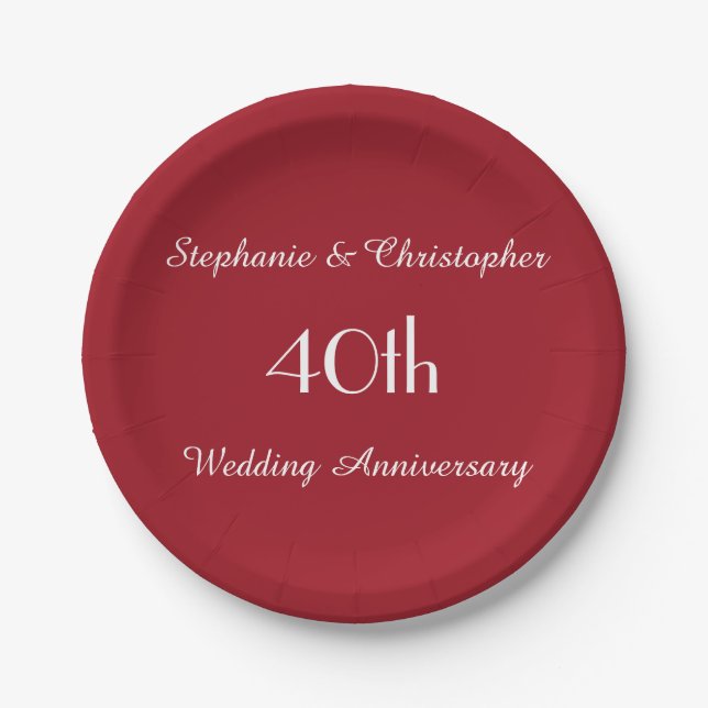 Ruby Red Paper Plates 40th Wedding Anniversary (Front)