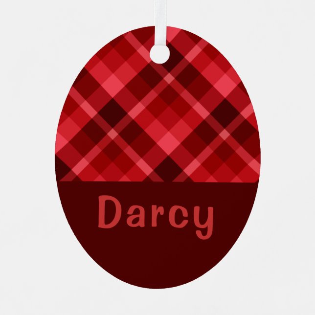 Ruby Red Plaid Monogram Oval Metal Ornament  (Front)