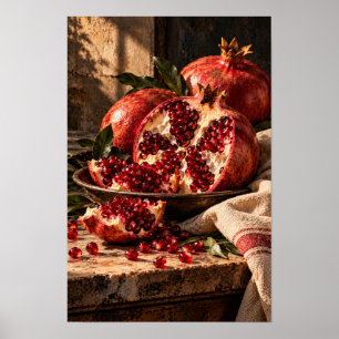 Ruby Red Pomegranates – Rustic Fruit Still Life Wa Poster