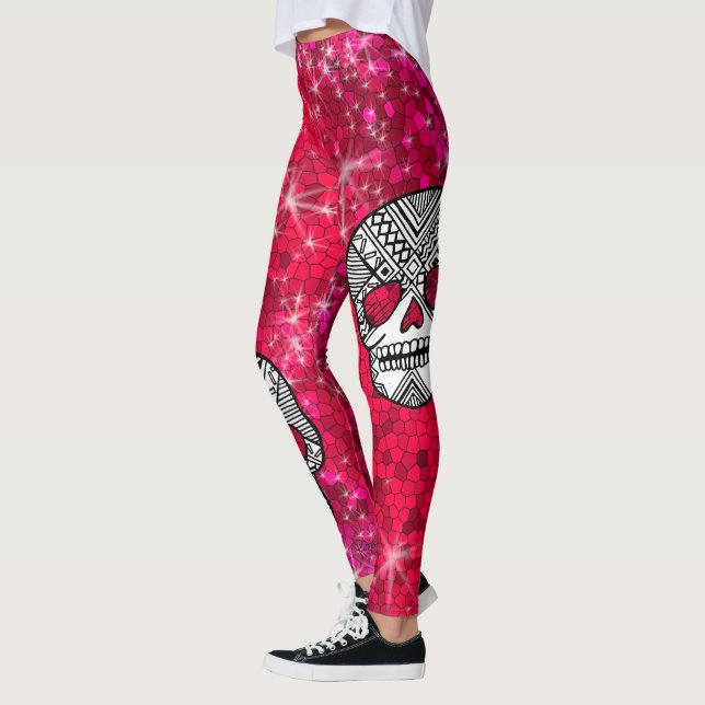 Ruby Red Rhinestone Glitter Sequin Sugar Skulls Leggings (Left)
