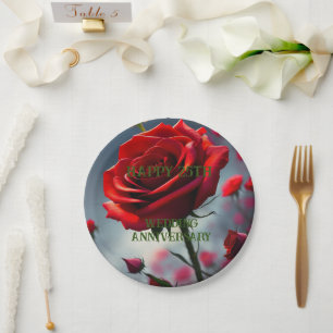 Ruby Red Rose 25th Wedding Anniversary,  Paper Plate