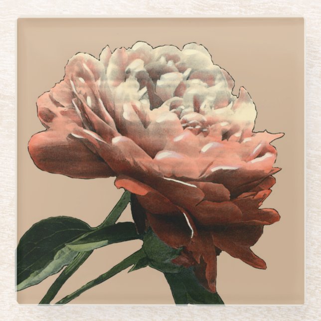 Ruby Red Rose with White Accents Glass Coaster (Front)