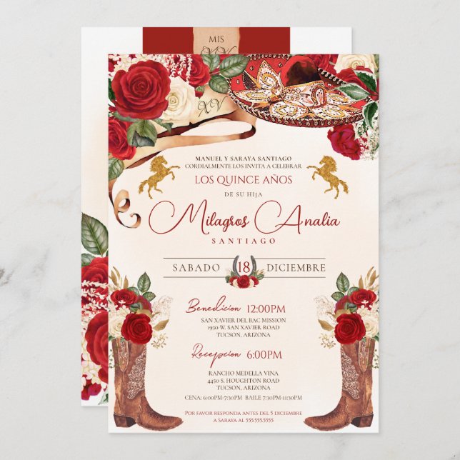 Ruby Red Roses Elegant Western Charro Quinceañera Invitation (Front/Back)
