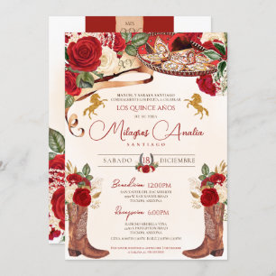 Ruby Red Roses Elegant Western Charro Quinceañera Invitation