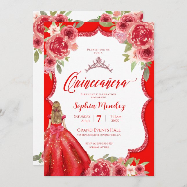 Ruby Red Roses Floral Watercolor Quinceañera Invitation (Front/Back)