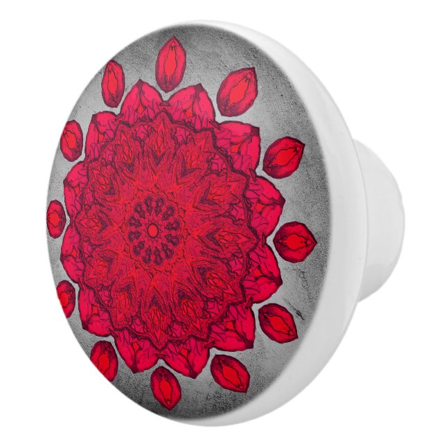 Ruby Red Rosette over Grey Stone Ceramic Knob (Right)