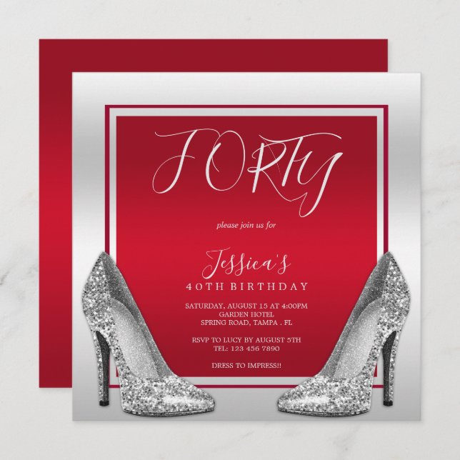 Ruby Red & Silver Stilettos 40th Birthday Invitation (Front/Back)