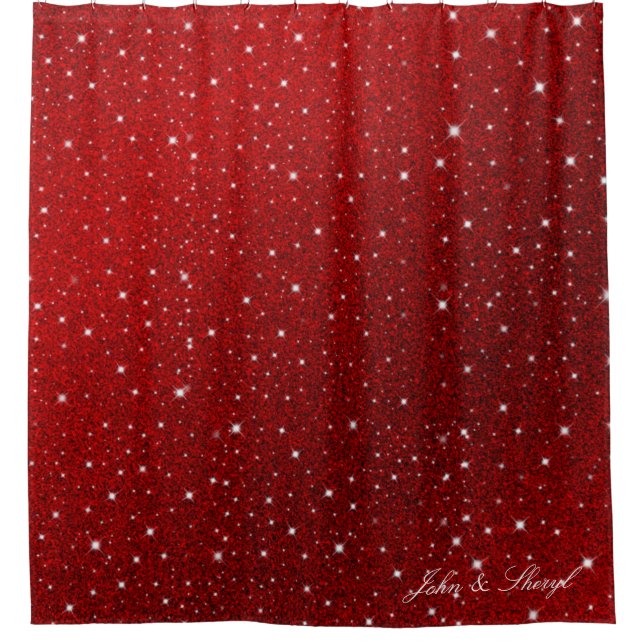 Ruby Red Sparkle & Stars Glam Shower Curtain (Front)