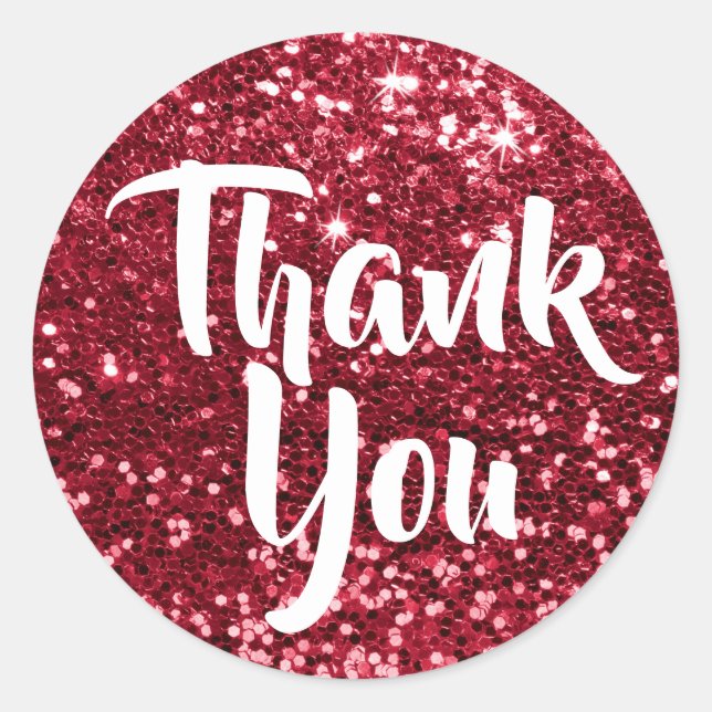 Ruby Red Sparkly Faux Glitter Thank You Classic Round Sticker (Front)