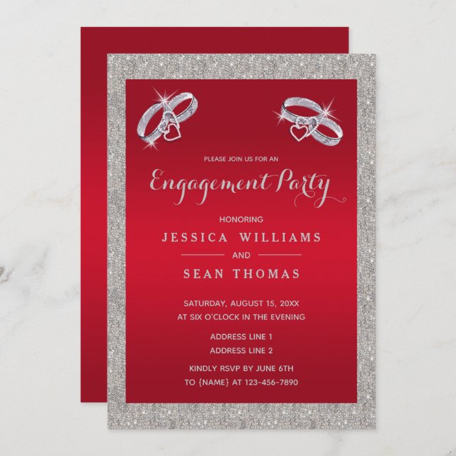 Ruby Red, Sparkly Silver Rings Engagement Party Invitation (Front/Back)