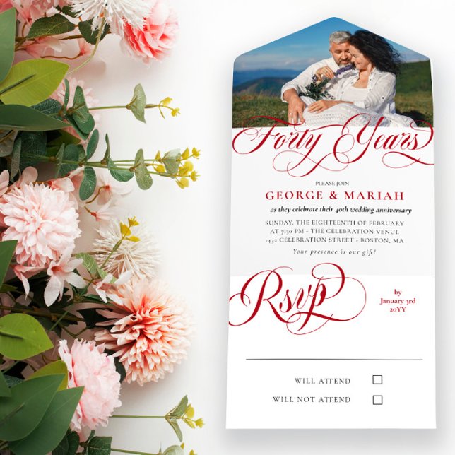 Ruby Red Swirls Photo 40th Wedding Anniversary All In One Invitation (Creator Uploaded)