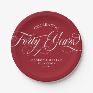 Ruby Red Swirly Script 40th Wedding Anniversary Paper Plate