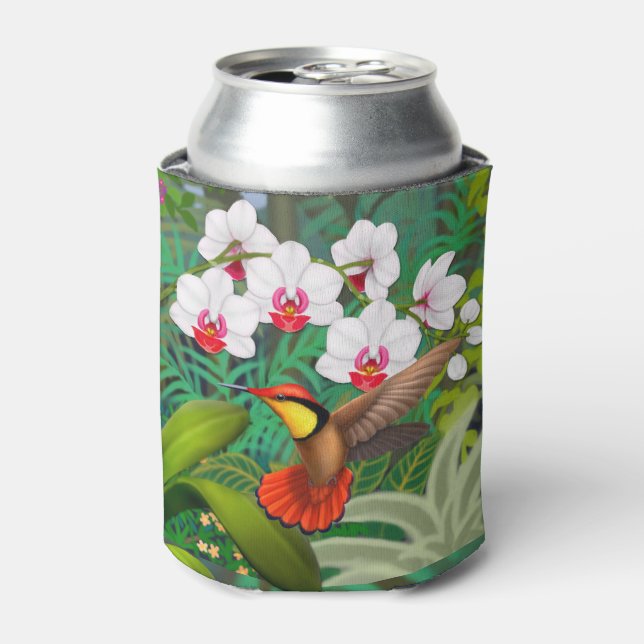 Ruby Red Tropical Hummingbird Can Cooler (Can Front)