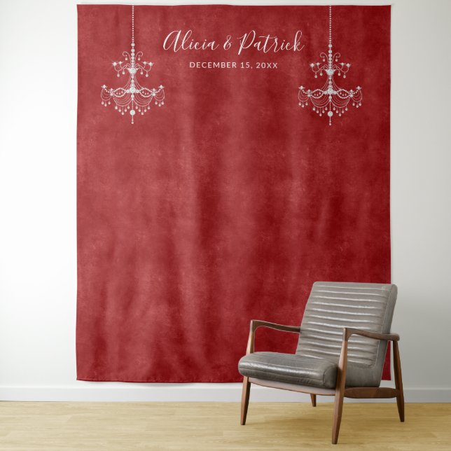 Ruby Red White Chandeliers Wedding Photo Backdrop Tapestry (In Situ)