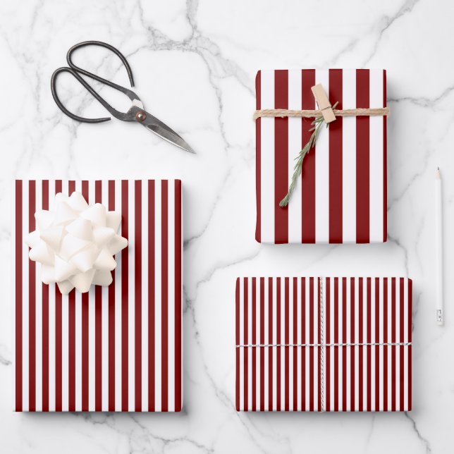 Ruby Red & White Stripes Wrapping Paper Sheet (Front)