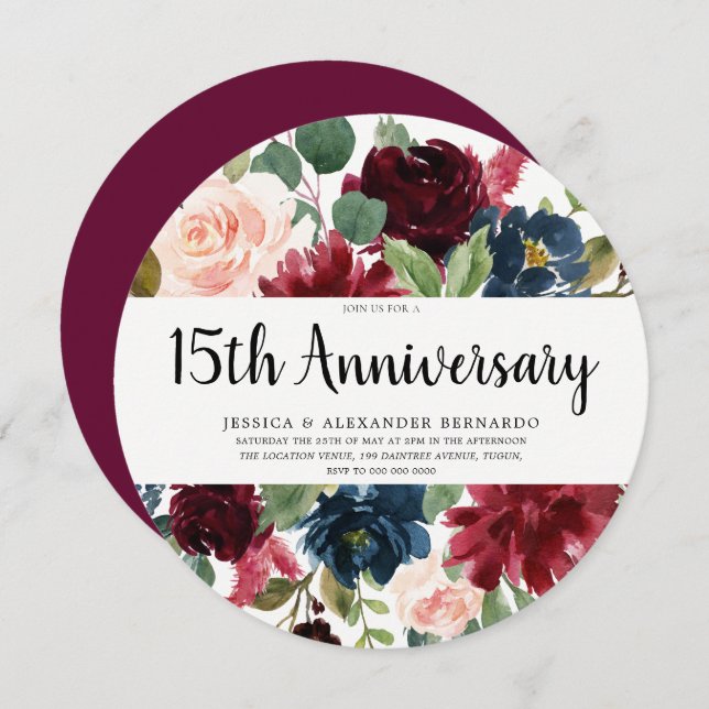 Ruby Red Wine Flowers 15th Wedding Anniversary Invitation (Front/Back)