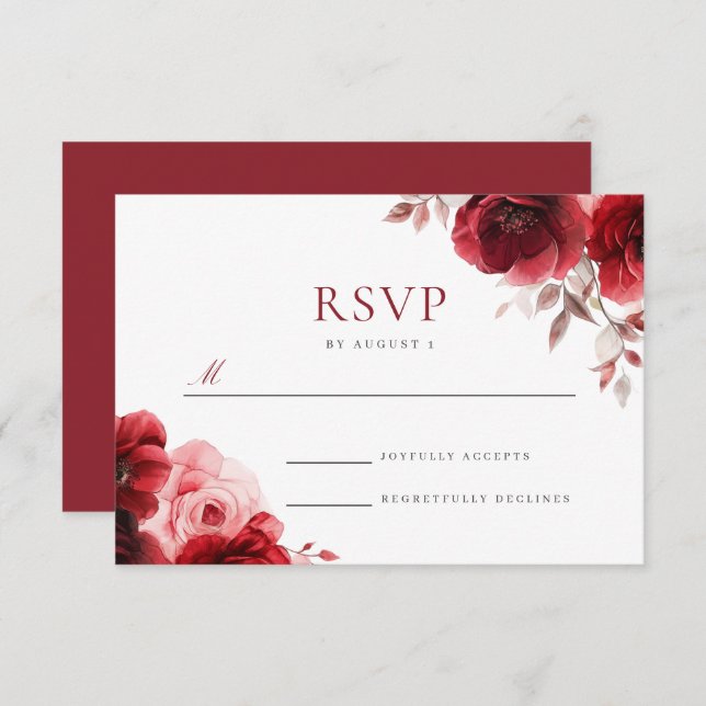 Ruby Red Wine Luxe Radiant Floral Wedding RSVP Card (Front/Back)