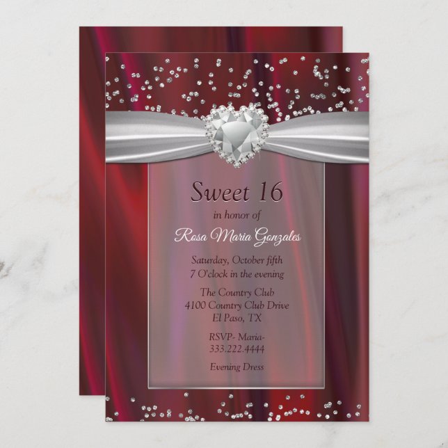 Ruby Satin and Diamonds Sweet 16 Invitation (Front/Back)