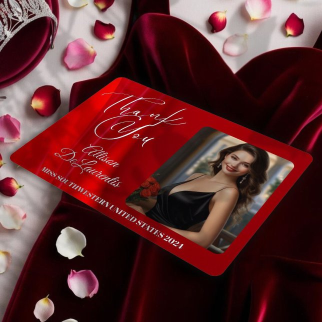Ruby Shine Foil Pageant Thank You Card (Real foil highlights this custom photo pageant thank you card from the Regal Reds collection)