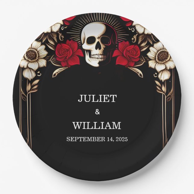 Ruby Thick Claret White Heart Red Black Wedding Paper Plate (Front)