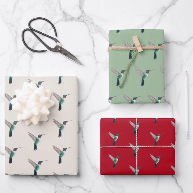 Ruby-throated Hummingbird Pattern Wrapping Paper Sheet (Front)