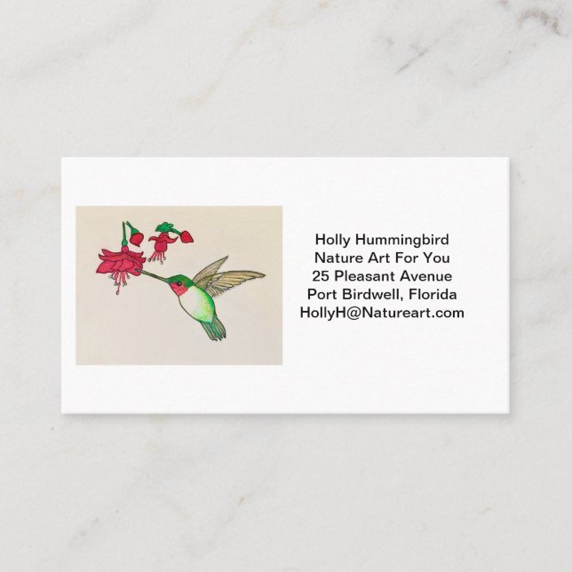 Ruby Throated Hummingbird Watercolor Pink Flower Business Card (Front)