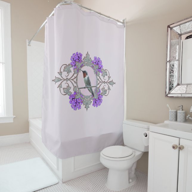 Ruby Throated Hummingbird with Purple Flowers Shower Curtain (In Situ)