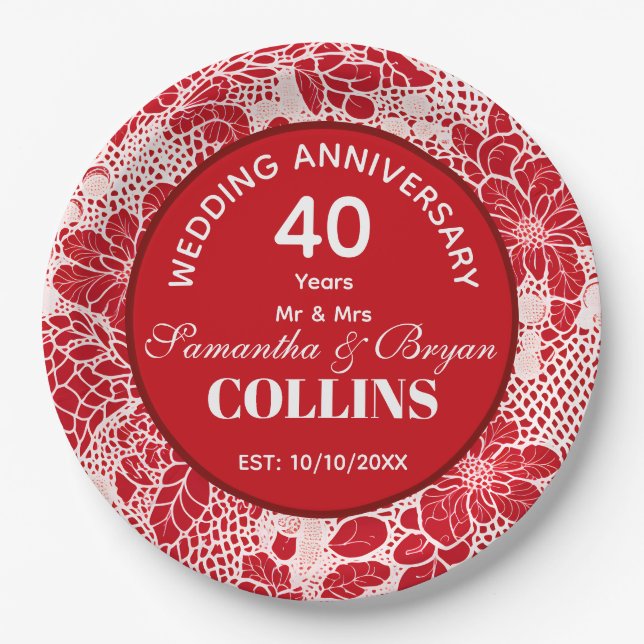 Ruby Wedding Anniversary 40 years Personalised Paper Plate (Front)