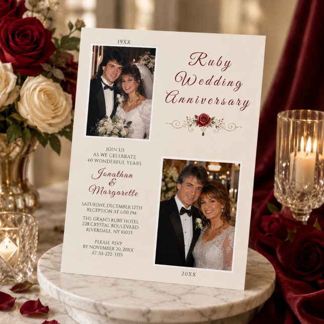 Ruby Wedding Anniversary Photo Celebration Invitation (A timeless ruby anniversary invitation designed to celebrate 40 beautiful years together.)