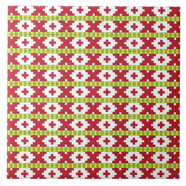 Rucava Red and green folk art geometric design V Tile (Front)