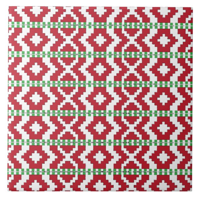 Rucava Red and green folk art geometric pattern II Tile (Front)